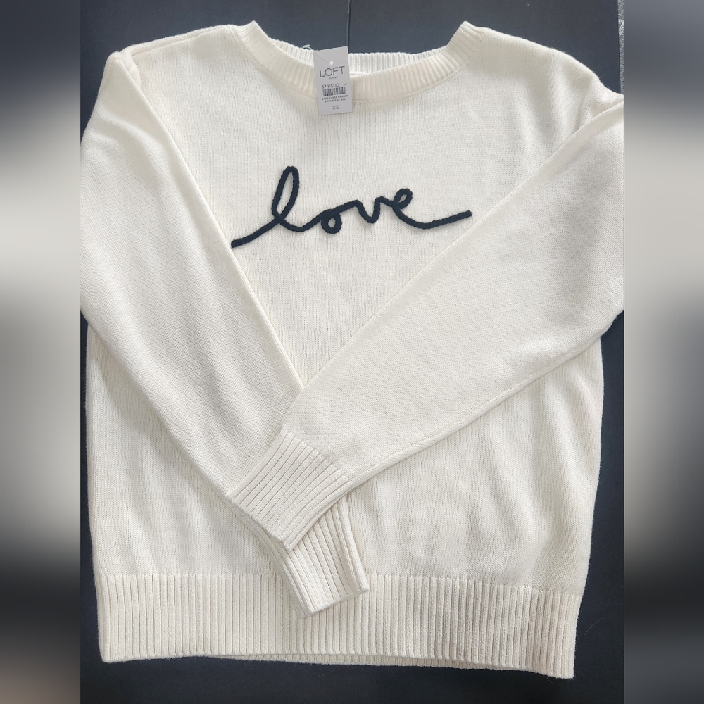 LOFT Cream Crewneck Sweater with Black "love" Embroidery Size xs